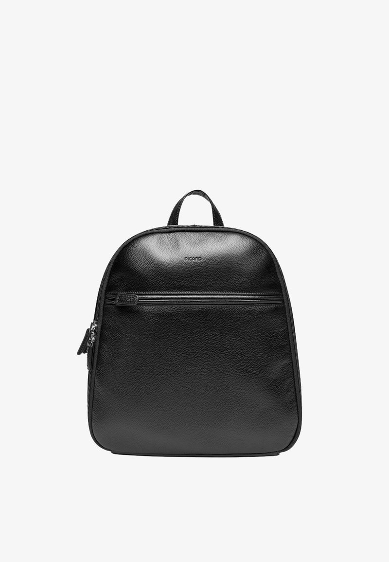 Black leather backpack with a rounded top, front zip pocket, and top handle. Smooth texture, minimalist design, and subtle logo detail.