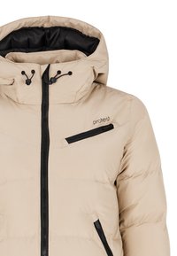 Beige puffer jacket with black zipper, hood with adjustable drawstrings, and chest pocket with zipper.