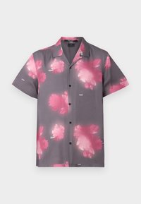 Short-sleeve shirt in gray fabric featuring large pink floral patterns, button front, and a classic collar. Brand label visible on front.