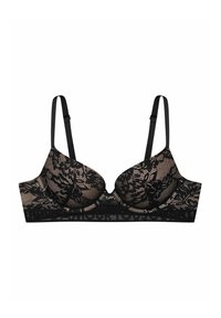 Schwarzer Spitzen-BH mit gepolsterten Cups, verstellbaren Trägern und einem Blumenmuster mit transparenter Optik. Der Unterbrustband hat einen einfarbigen schwarzen Akzent.