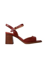 Sandale en cuir marron à bout ouvert avec talon bloc et bride de cheville réglable avec boucle, vue latérale sur fond blanc.