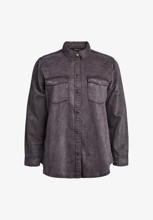 Long-sleeve charcoal gray denim shirt with buttoned front, two button-flap chest pockets, and a pointed collar.