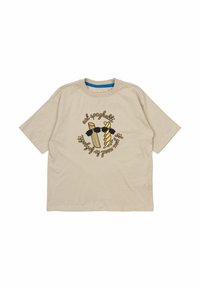 Beidžus krāsas kokvilnas T-krekls ar īsām piedurknēm, uz kura attēlota makaronu grafika un frāze "ēd spageti" melnā un dzeltenā krāsā. Apaļa izgriezne.