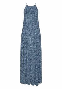 Robe maxi en tissu bleu clair avec un motif à pois noirs. Design simple avec des bretelles ajustables et une silhouette ample.