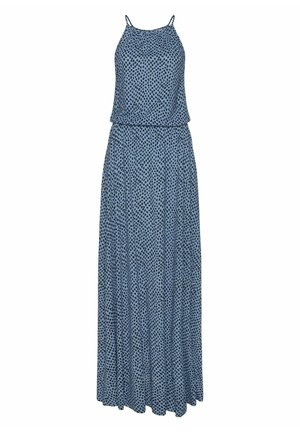 Robe maxi en tissu bleu clair avec un motif à pois noirs. Design simple avec des bretelles ajustables et une silhouette ample.