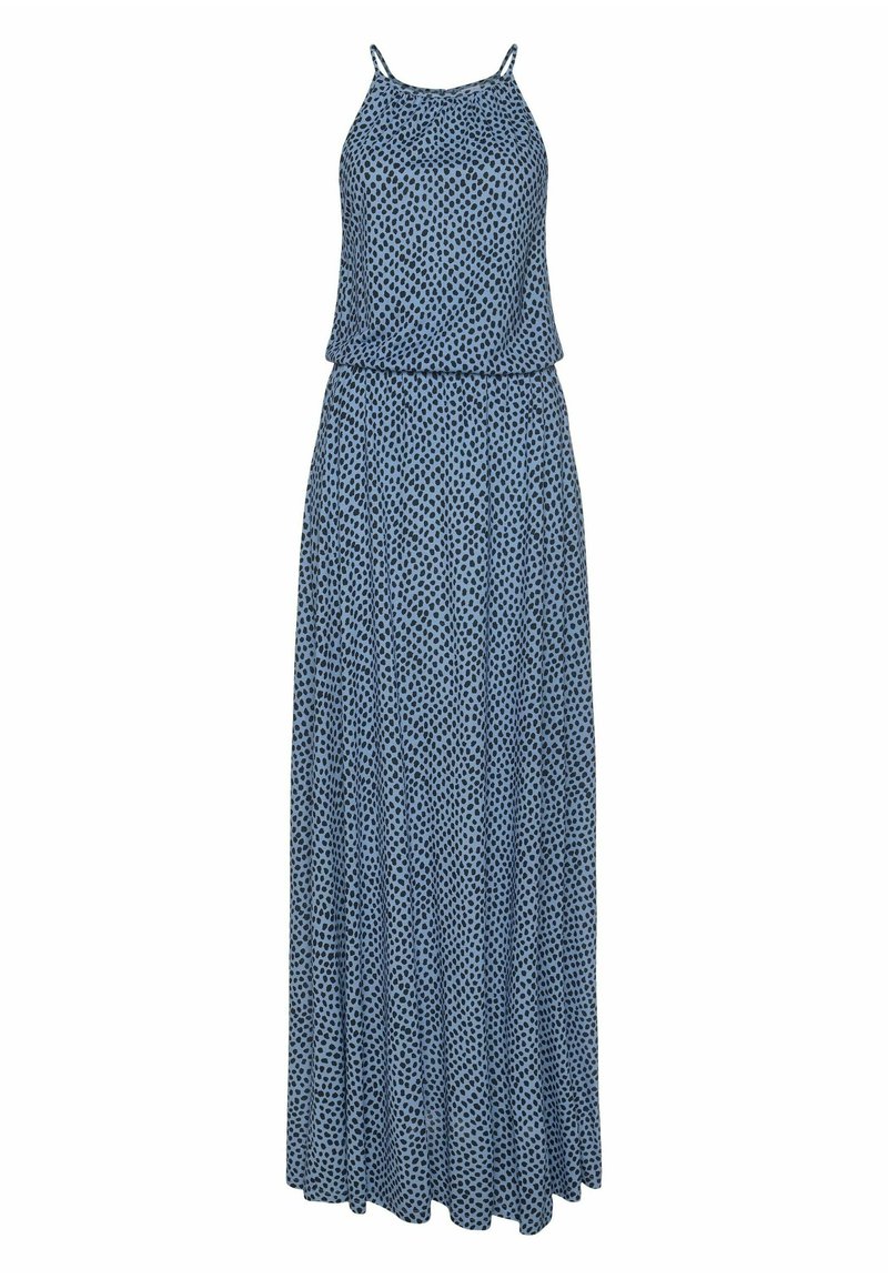 Robe maxi en tissu bleu clair avec un motif à pois noirs. Design simple avec des bretelles ajustables et une silhouette ample.