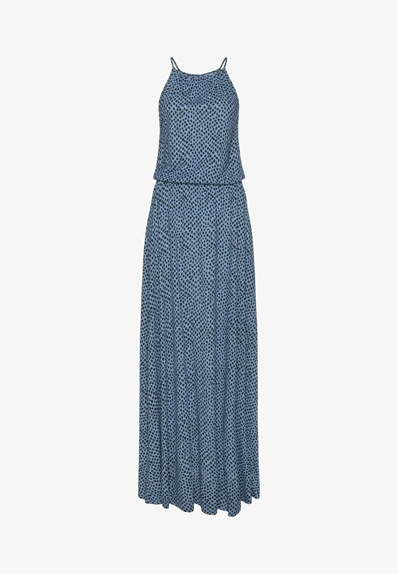 Maxiklänning i ljusblått tyg med prickigt mönster i svart. Enkel design med justerbara axelband och löst sittande silhuett.