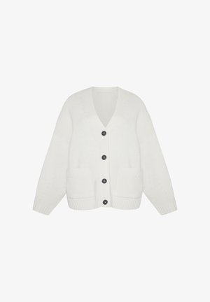 Cardigan blanc en maille avec col en V, manches longues, deux poches avant et six boutons foncés. Tissu texturé et coupe ample.