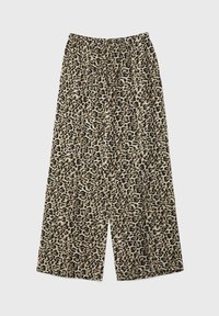 Hlače širokih nogavica s elastičnim pojasom, u bež i crnoj leopard uzorku.
