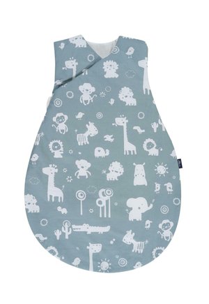 Animal-patterned sleeping bag in soft gray fabric, featuring white illustrations of lions, giraffes, and other animals. Rounded shape and sleeveless design.