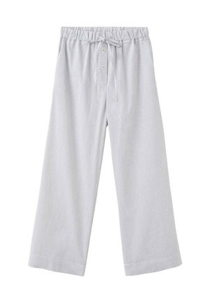 Pantaloni grigio chiaro a gamba larga con vita elasticizzata, bottoni frontali e coulisse annodata in vita.