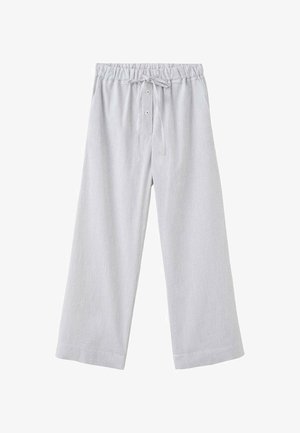 Jasnoszare spodnie o szerokich nogawkach z elastycznym pasem, guzikami z przodu i wiązanym sznurkiem w talii.