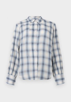 Camicia con bottoni realizzata in tessuto leggero, con un motivo a quadretti blu e bianchi, colletto e maniche arricciate.