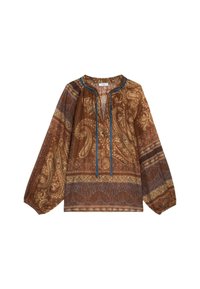 Braun mit Paisleymuster bedruckte Bluse mit langen Ärmeln, lockerer Passform und blauen Akzenten am Ausschnitt und der Knopfleiste. Strukturiertes Material.