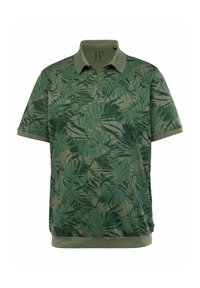 Grünes Poloshirt mit einem blattförmigen Muster in verschiedenen Grüntönen, gefertigt aus weichem Stoff mit klassischem Kragen und dreiknöpfiger Knopfleiste.