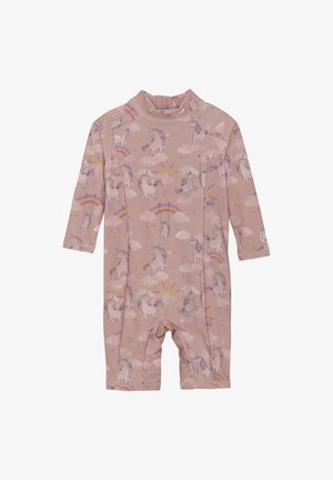 Jasnoróżowy rash guard w jednorożce z długimi rękawami, wysokim kołnierzem i krótkimi nogawkami. Wykonany z elastycznego, gładkiego materiału.