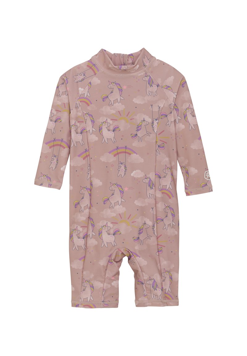 Ljusrosa rash guard med enhörningsmönster, långärmad, hög krage och korta ben. Tillverkad av elastiskt, mjukt material.