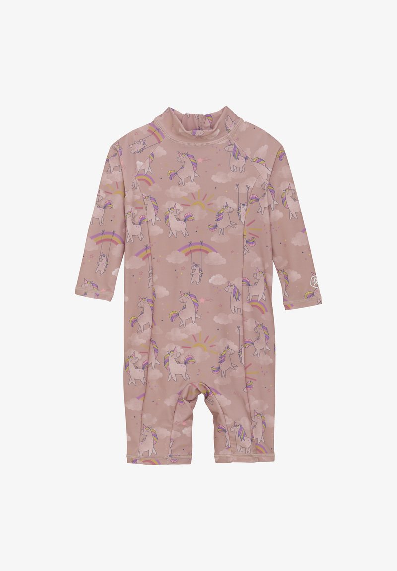 Rash guard à motifs de licornes rose clair avec manches longues, col haut et jambes courtes. Fabriqué en tissu extensible et lisse.