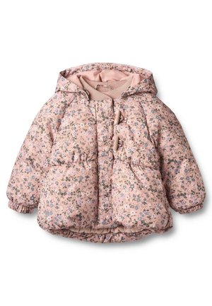 Veste matelassée à motifs floraux en rose avec capuche, dotée de poignets élastiques, d'une taille cintrée et de fermetures à bascule en bois sur le devant.