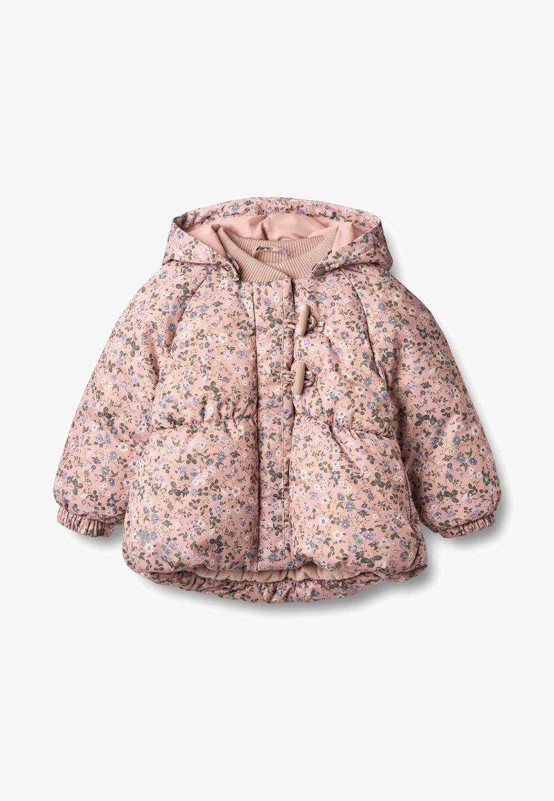 Ružová kvetinová bomber bunda s kapucňou, so elastickými manžetami, stiahnutým pásom a drevenými uzáverkami na prednej strane.
