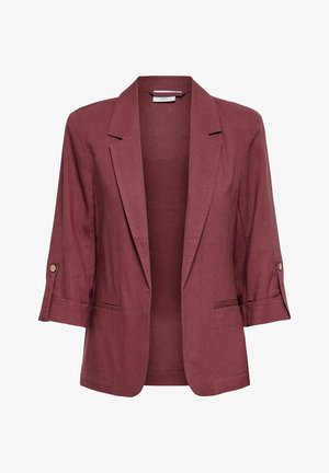 Blazer bordeaux con apertura frontale e maniche tre quarti rimboccate e fissate con patte con bottoni, con rever intagliati e tasche a fessura.