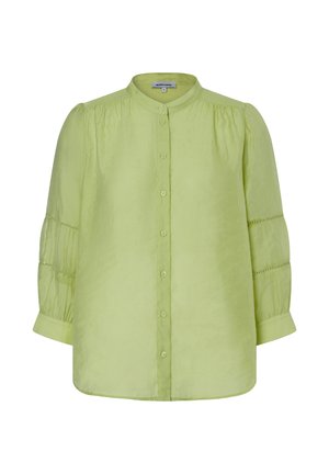 Hellgrüne langärmelige Bluse mit rundem Kragen, durchgehendem Knopfverschluss, aufgeblasenen Ärmeln mit horizontalen Nähten und knopflosen Manschetten.