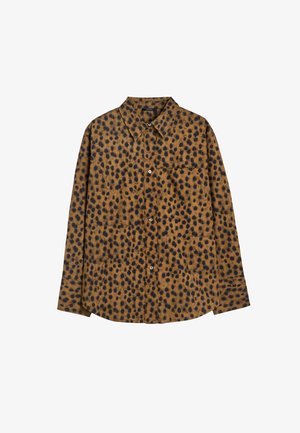 Brązowa koszula z guzikami, w czarny wzór zebra. Posiada kołnierzyk, długie rękawy oraz kieszonkę na piersi. Miękka w dotyku.
