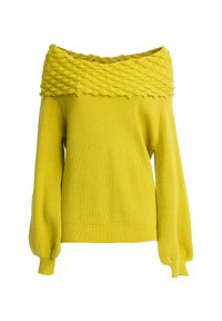 Maglione giallo senza spalline con colletto intrecciato a trama, corpo a costine e maniche a palloncino. Materiale in maglia morbida con una finitura brillante.