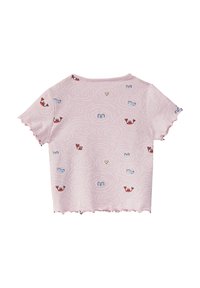 Roze top met korte mouwen en een golvend patroon. Voorzien van speelse graphics van krabben en harten. Met een scalloped zoom en zachte, flexibele stof.