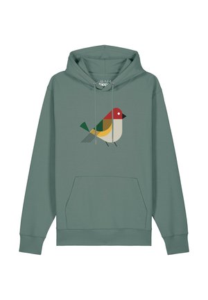 Grüner Hoodie mit Kängurutasche und Kordelzug, mit einem minimalistischen geometrischen Vogeldesign in Rot, Gelb, Grün und Cremetönen.