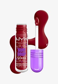 Rode lipgloss in een transparante tube met metalen accenten, voorzien van een paarse applicator. Glanzende textuur, inhoud van 5 mL, levendige kleuruitstraling.