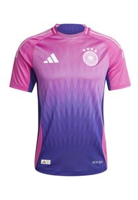 Short-sleeved purple and pink gradient soccer jersey with diamond pattern, featuring adidas logo, national emblem, and "HEAT.RDY" label.