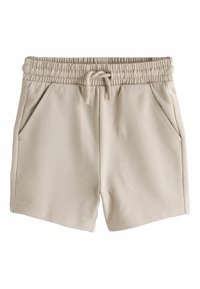 Beige Shorts aus Baumwollmischung mit elastischem Bund, verstellbarem Tunnelzug und zwei Seitentaschen. Glatte Textur und gesäumte Kanten.