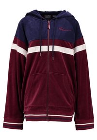 Sweat à capuche zippé avec capuche bleue, corps marron, rayures horizontales blanches et bleues, poches avant, et logo "Puma" sur le col à l'intérieur.