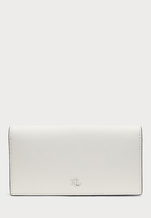 White wallet made from textured material, featuring a smooth finish, a fold-over design, and embossed logo at the bottom center.