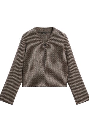 Bruine en beige gestreepte cropped cardigan met een V-hals, lange mouwen en een enkele zwarte knoopsluiting aan de voorkant. Zachte textuur.