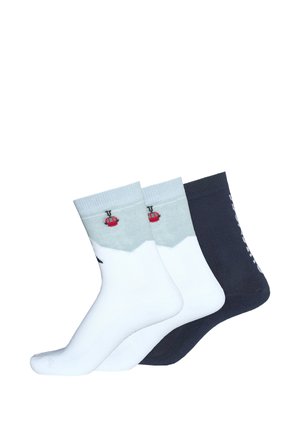 Three pairs of crew socks in white with gray tops and red design, plain white, and solid black with white text on the side, stacked together.
