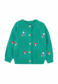 Cardigan en tricot vert avec un motif texturé, orné d'une broderie colorée de champignons et de fleurs, et avec des boutons en bois sur le devant.