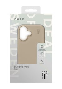 Beige silikonecover til iPhone 16, med en beskyttende design, udskæringer til kamera og struktureret greb. Leveres i en klar emballage.