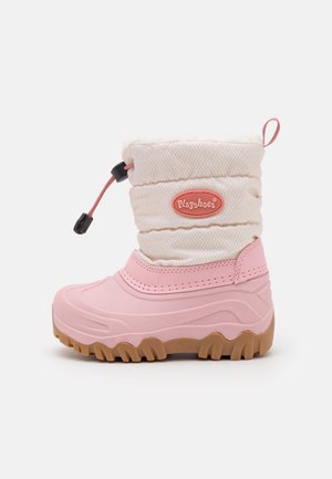 Botte imperméable rose avec une partie inférieure en caoutchouc texturé, supérieure rembourrée et fermeture à cordon. Dotée d'une doublure en fausse fourrure beige et de détails de logo.