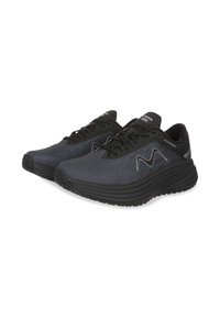 Black athletic shoes with a textured textile upper, mesh panels, lace-up design, and a thick rubber sole featuring a wave pattern.