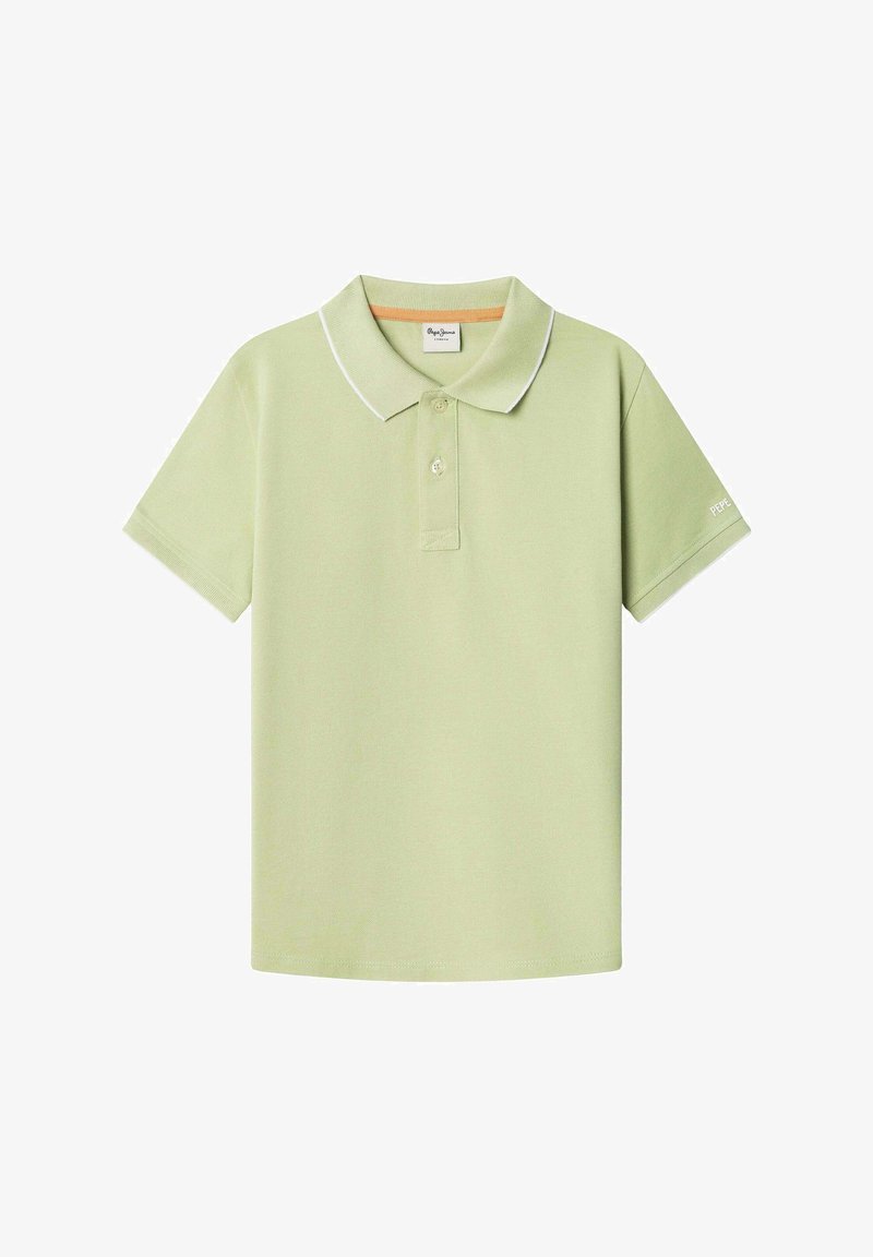 Jasnozielona koszulka polo z bawełny, z klasycznym kołnierzykiem i białymi lamówkami wzdłuż kołnierzyka i rękawów. Logo na rękawie.