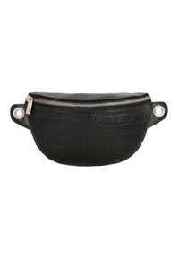 Riñonera de cuero negro con textura de cocodrilo, forma redondeada, cierre superior con cremallera y detalles de herrajes en tono plateado.