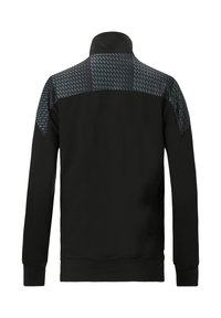 Svart idrottsjacka med ett strukturerat grått mönstrat panel över den övre delen av ryggen. Har krage och långa ärmar. Slät tygtextur.