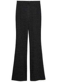 Zwarte hoge taille wijde pijpenbroek met een gladde textuur en zonder zichtbare zakken of versieringen.