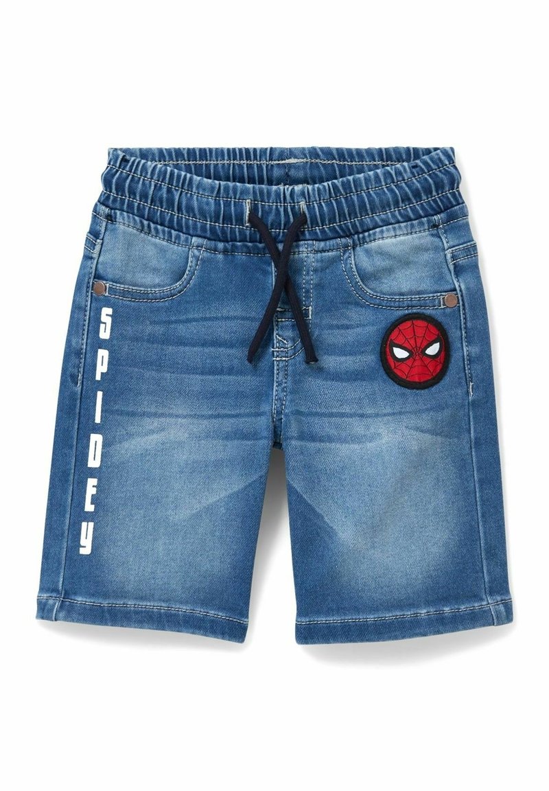 Short en jean bleu pour enfants avec taille élastique, cordon noir, texte blanc "Spidey" sur la jambe gauche et un patch visage Spiderman rouge sur la poche droite.