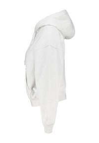 Sudadera con capucha gris claro, hecha de una tela suave, que presenta una capucha con cordón, bolsillos laterales y puños acanalados. Corte recto y cropped.