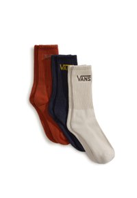 Three pairs of Vans socks in ribbed texture: orange, navy, and cream; each features the Vans logo in contrasting colors on the cuff.
