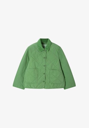 Veste matelassée verte avec fermeture boutonnée, col en velours côtelé, manches longues et deux poches plaquées à l’avant.