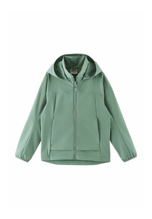 Jasnozielona kurtka z kapturem, z pełnym zamkiem błyskawicznym z przodu, dwoma przednimi kieszeniami i elastycznymi mankietami, pokazana na płasko na białym tle.